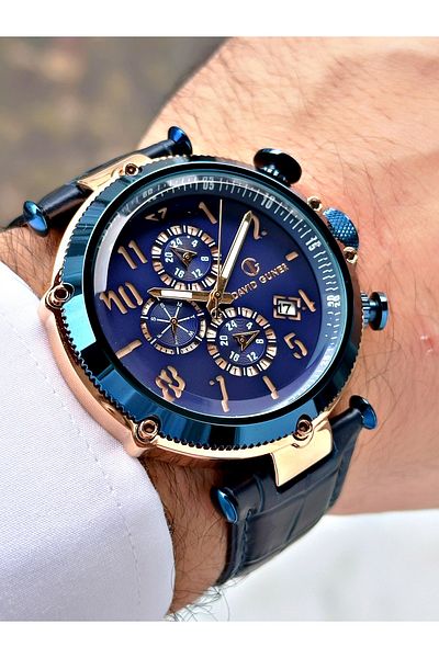 DAVID GUNER Function Dark Blue Color Leather Band Men's Wrist Watch 8247B4