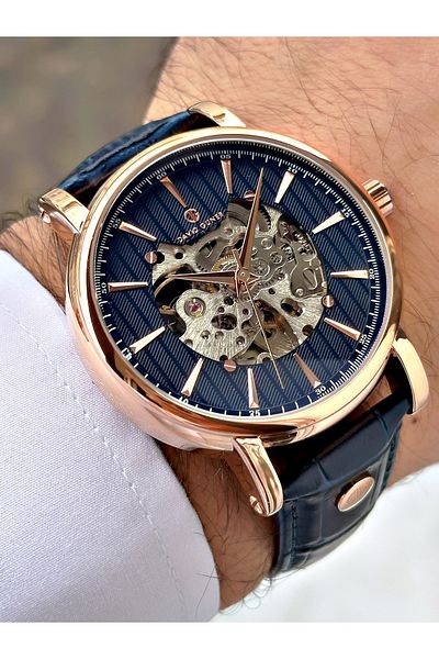 DAVID GUNER Men Wrist Watch with Automatic Mechanism Navy Blue Color Leather Band 8232B