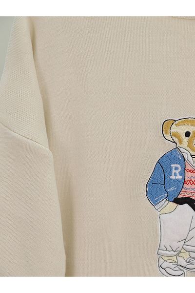 Modamorfo Cream Colored Long Back Knitwear Sweater - Teddy Bear Embroidered