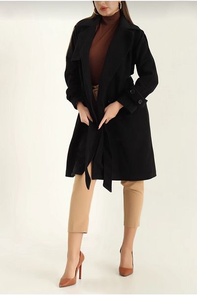 ddm tasarım Black Lined Belted Cashew Coat