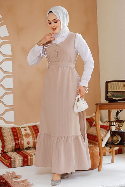 Neva Style Rochie Hijab Gilet cu dungi bej - 70501BEJ
