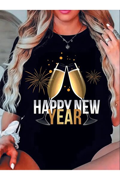 WOODROFFE Kadın / Erkek Yılbaşı Temalı Kırmızı Beyaz T-shirt Happy New Years Baskılı Yeni Yıl Oversize Salaş