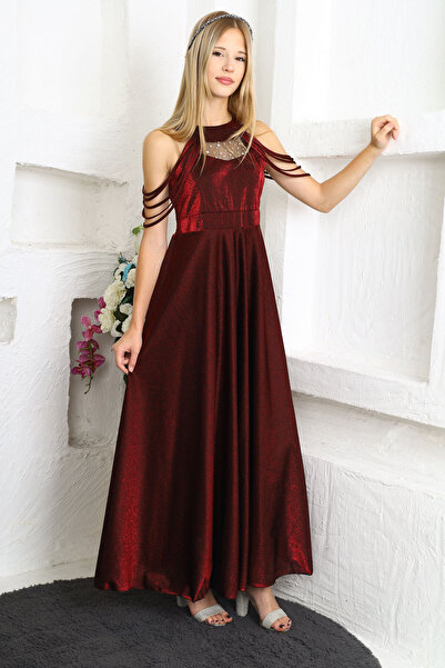 Joui Co Kız Çocuk Gömülü Sim Desenli Parlak Yapılı Uzun Abiye Elbise