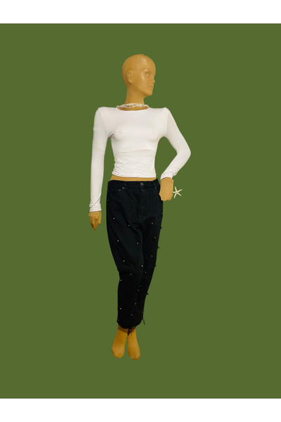 ÖzOksijen Pantolon, Siyah Renk Incili, Rahat Kesim, Normal Bel, 5 cepli, Ferm...