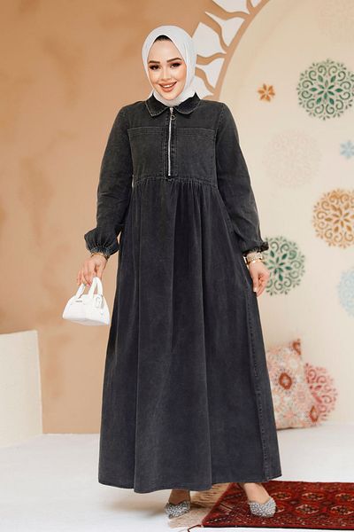 Neva Style فستان من الدنيم بتصميم حجاب أنثراسايت مع تفاصيل جيب 19105ANT