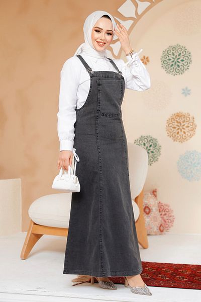 Neva Style Rochie Hijab din Denim Antracit - 19131ANT