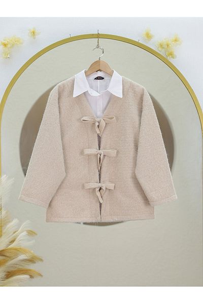 Modamorfo Front Tie-Up Frayed Cashmere Jacket -Beige