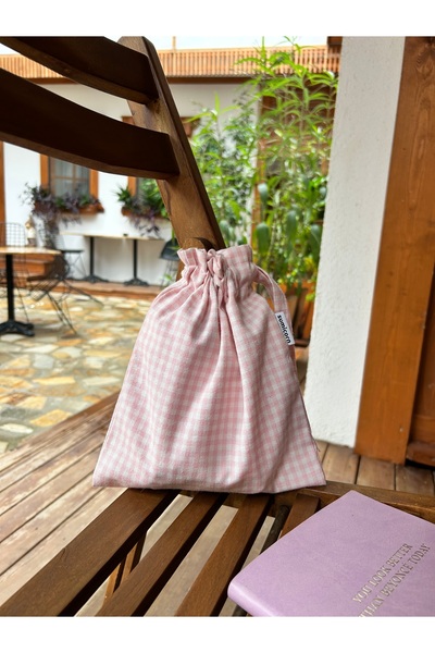 Sumicorn Design Şeker Pembe Pötikareli Çevre Dostu Bez Keten Büzgülü İpli Düz...
