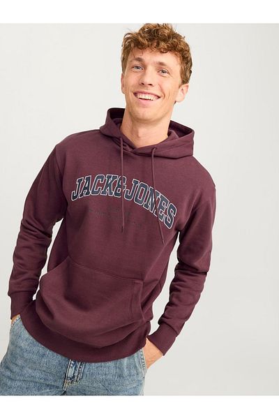 Jack & Jones Мъжки суитшърт Jjecaleb Varsity с качулка Noos 12256521 цвят Vineyard Wine