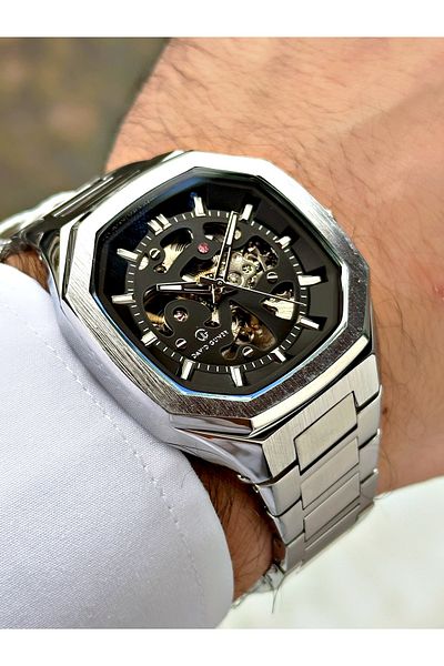DAVID GUNER Men's Wrist Watch with Automatic Mechanism Silver-Black Color Steel Band 8501A2