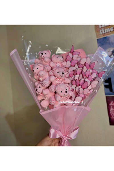 Acilbirbuket Ayıcık buketi kelebekli