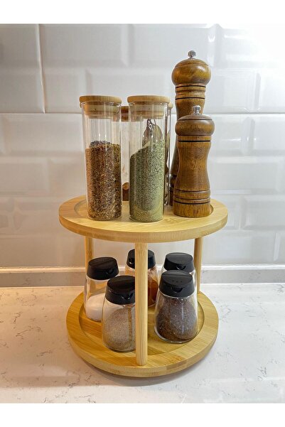 Beyaz Atölyem Bambu 2 Katlı 360 Derece Dönen Stant Baharatlık(Baharatlıklar D...
