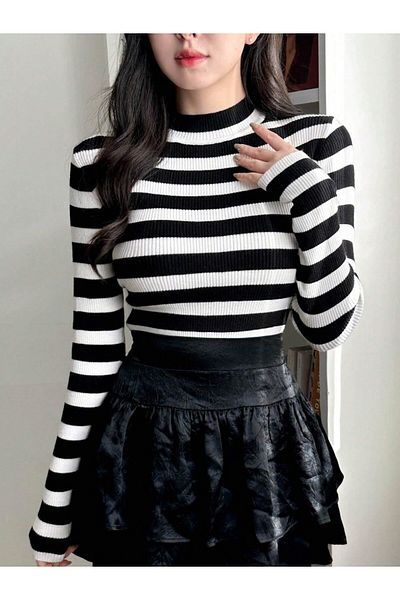OPENEX Women's Black and White Striped Half Turtleneck Blouse Sweater