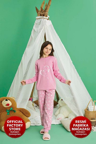 Aydoğan Pink Pajama Set for Girls - 100% Cotton, Long Sleeve, A11-1 - 240722   - Aydogan ®