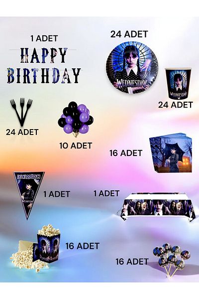 VibeHome Wednesday Themed Ultra Luxury Set for 24 - Birthday Party and Fun Events