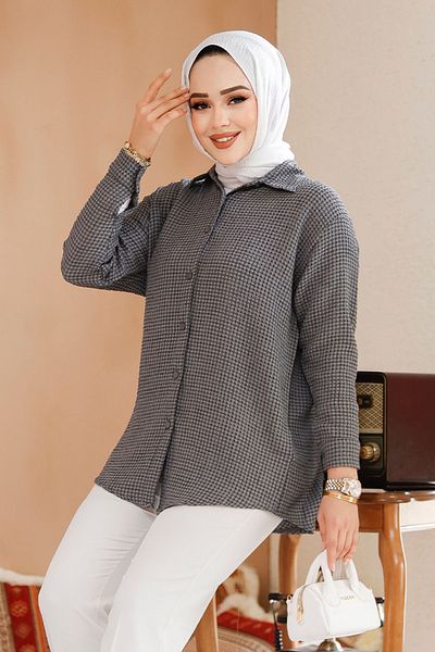 Neva Style Cămașă Hijab Gingham afumată - 70901FU