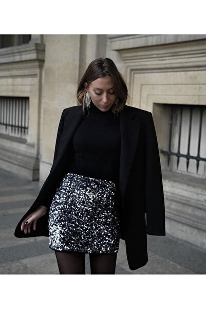 hekra siyah gümüş pullu payet mini etek