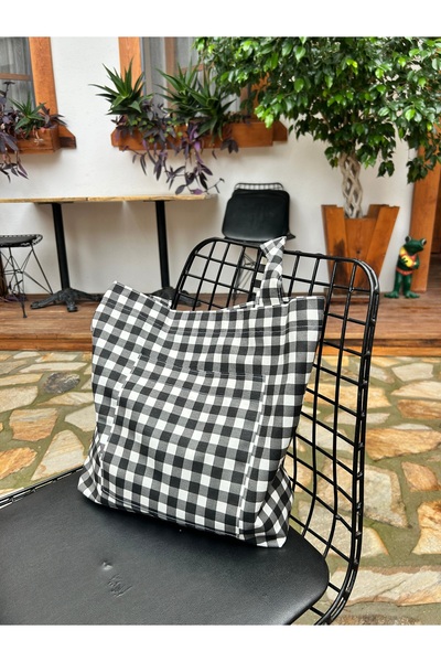 Sumicorn Design Siyah Pötikareli Çevre Dostu Bez Çanta,Cepli Keten Kol ve Omu...