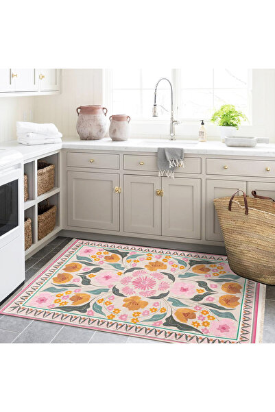 Rugs Modern Halı Efe Koleksiyonu Pembe Temalı Floral Çiçek Desenli Dokuma Tab...