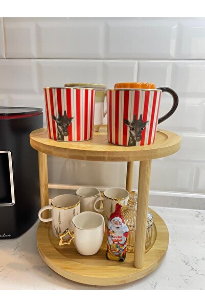 Beyaz Atölyem منظم حامل من الخيزران بطبقتين يدوران 360 درجة (الأكواب غير متضمنة)