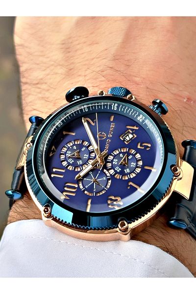DAVID GUNER Function Dark Blue Color Leather Band Men's Wrist Watch 8247B4