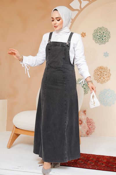 Neva Style Rochie Hijab din Denim Antracit - 19131ANT
