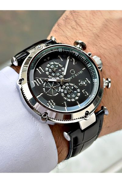 DAVID GUNER Function Black Color Leather Band Men's Wrist Watch 8247B3