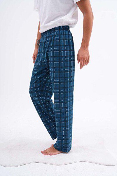 Arvin Pijama Erkek Ekose Baskılı Pamuklu Cepsiz Beli Lastikli Pijama Altı Petrol
