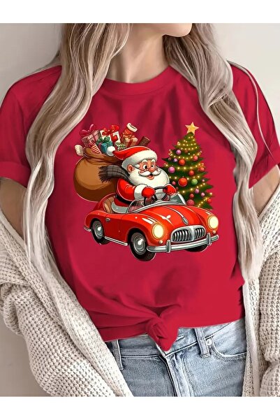 WOODROFFE Kadın Arabalı Noel Baba Yeni Yıl Baskılı T-Shirt Oversize Salaş  Ch...