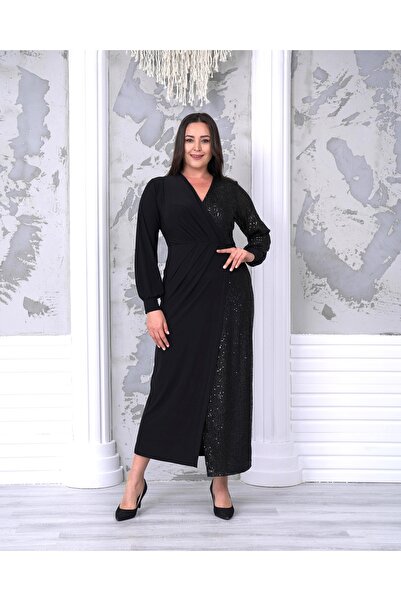 Şirin Butik Women's Black Plus Size Double Breasted Neckline Sequin Sequin Detailed Evening Dress