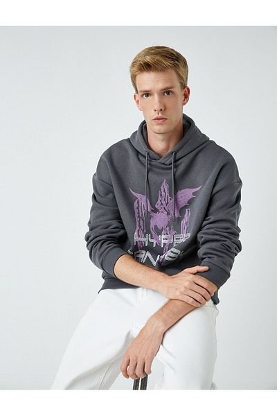 Koton Oversize Hooded Sweatshirt - Raised Butterfly Print, Bat Sleeve