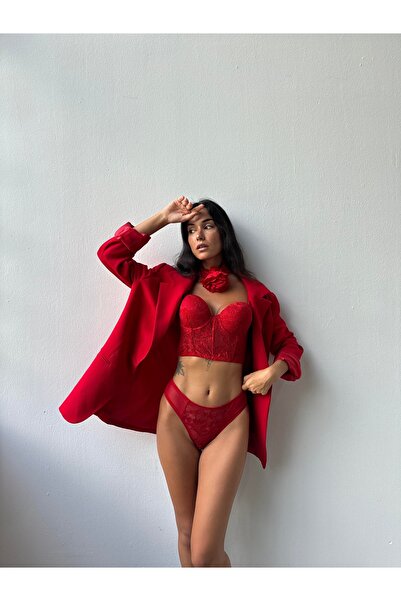 Butik Kırmızı Simli Büstiyer Takım Destekli Alt Üst Sütyen Takımı