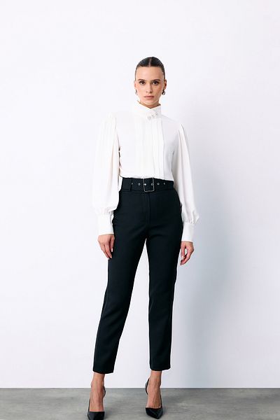 Sateen Black High Waist Belted Pants