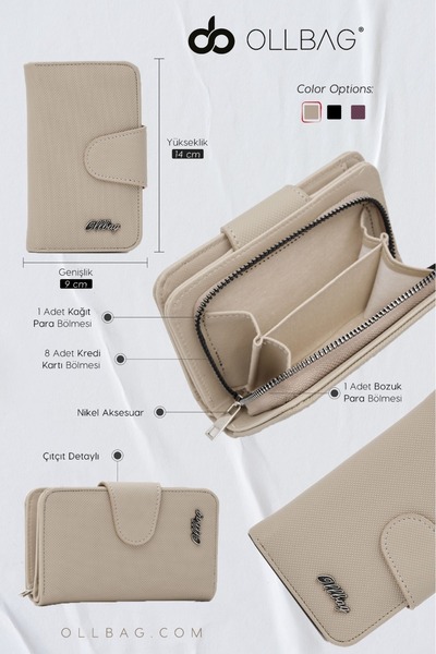 OLLBAG Krem Orijinal Kadın Çok Gözlü Bol Kartlıklı Bozuk & Kağıt Para Bölmeli...