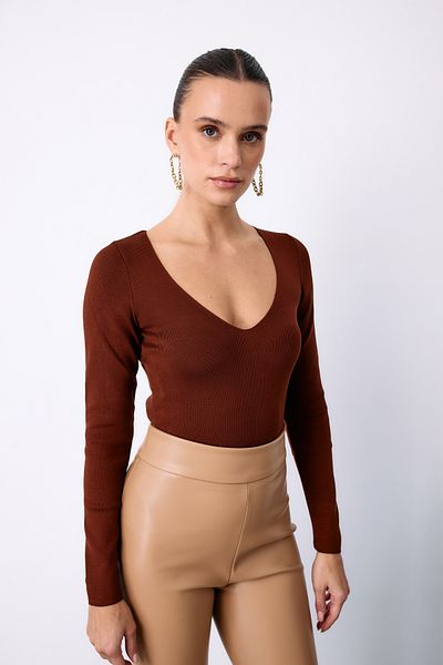 Sateen V-Neck Crop Knitwear - Brown