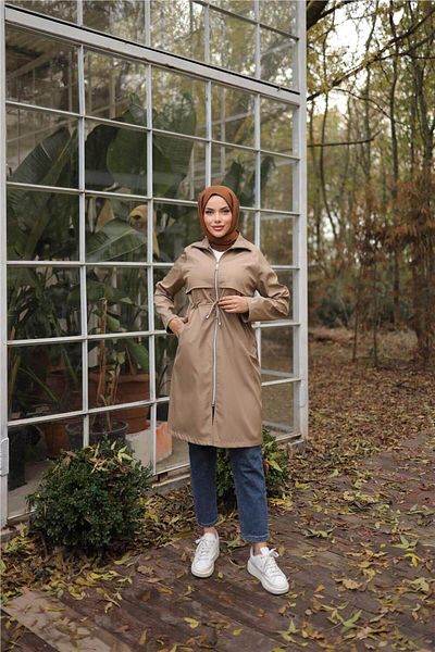 Bwest Long Trench Coat with Zipper and Two Side Pockets and Waist Laces - (38-46) - 71232 - Mink