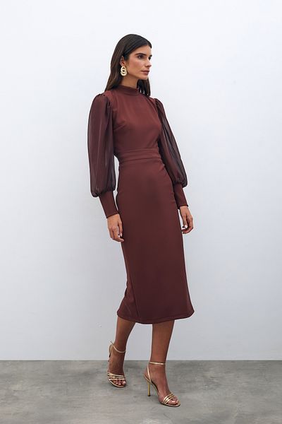 Sateen Fusta creion maro Midi