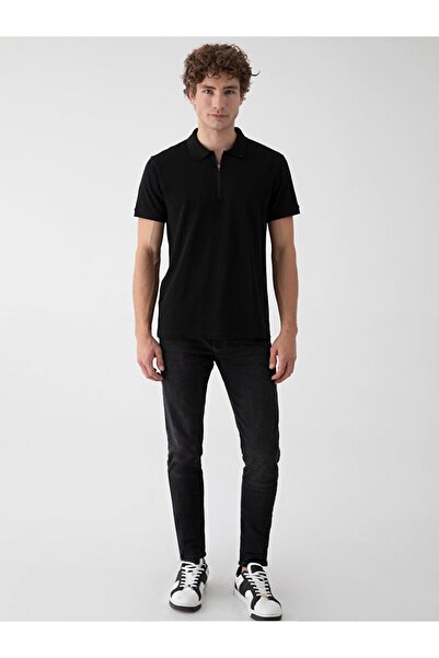 Ltb تي شيرت أسود عادي بياقة بولو وأكمام قصيرة وسحاب