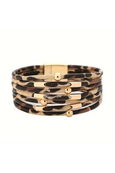 NEGO ACCESORİES LEOPAR DESENLİ ÇOKLU SARMA MANYETİK TOKALI BOHEM BİLEKLİK