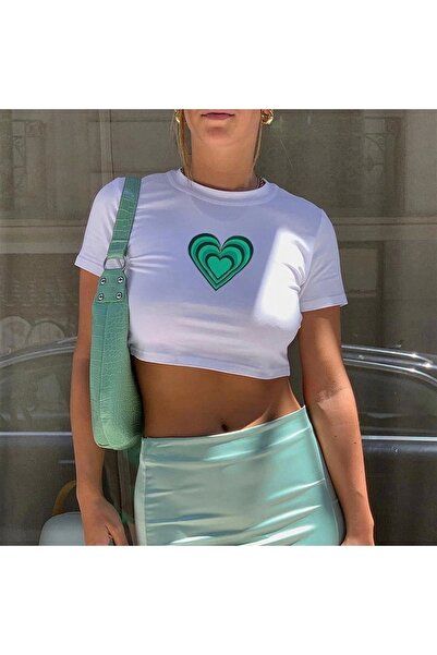 weywot Γυναικείο Crop T-shirt Y2k Vintage Green Heart Half