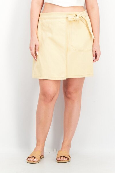 Whistles Women Solid Denim Wrap Mini Skirt, Yellow