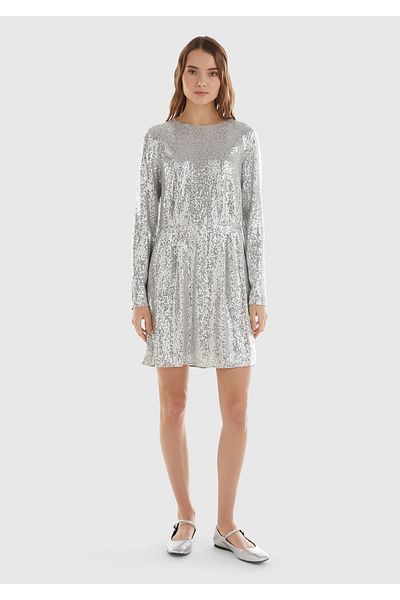 United Colors of Benetton Women's Silver Inside Jersey Lining Back Detail Long Sleeve Silvery Dress