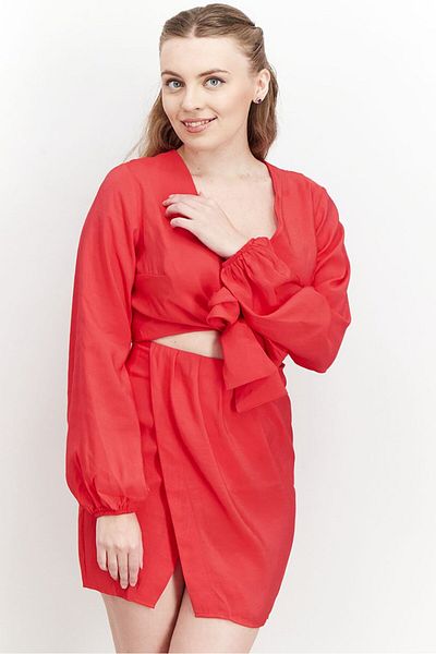 NA-KD Women Solid Long Sleeves Tie Front Mini Dress, Red