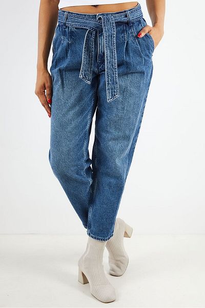 Michael Kors Women Regular Fit Washed Pleated Belted Denim Jeans, Blue