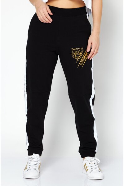 Plein Sport بنطال تدريب رياضي نسائي بشعار العلامة التجارية، أسود