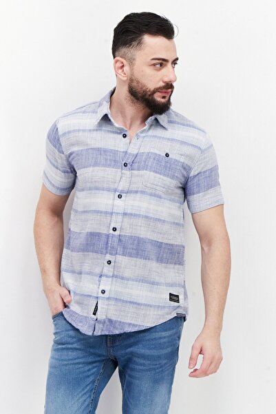 Silver Jeans Co. قميص رجالي كاجوال مخطط بأكمام قصيرة، بقصة عادية، أزرق داكن