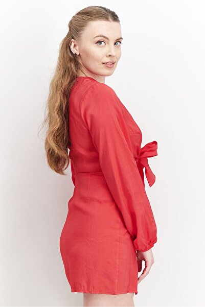 NA-KD Women Solid Long Sleeves Tie Front Mini Dress, Red