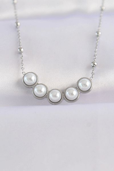 Clariss 316L Steel Chain Silver Color Row Pearl Stone Necklace