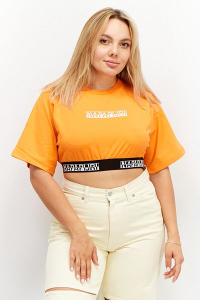 Napapijri Women Round Neck Short Sleeve Cropped T-shirt, Orange
