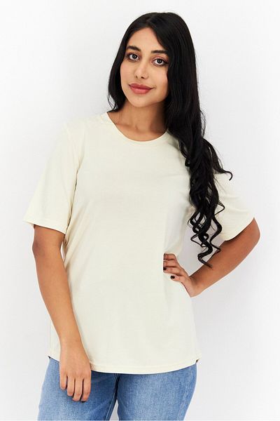 Selected Femme Women Round Neck Short Sleeve Solid T-shirt, Sandshell
